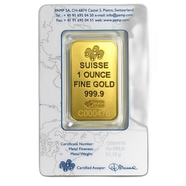 1 Troy ounce goudbaar Pamp Suisse design voorkant