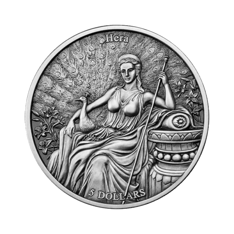 2 troy ounce zilveren munt 12 olympiers in de dierenriem - Hera vs Aquarius voorkant