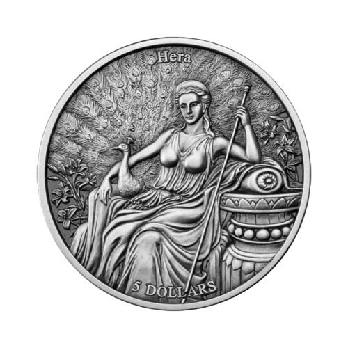 2 troy ounce silver coin the 12 Olympians in the zodiac - Hera vs Aquarius front