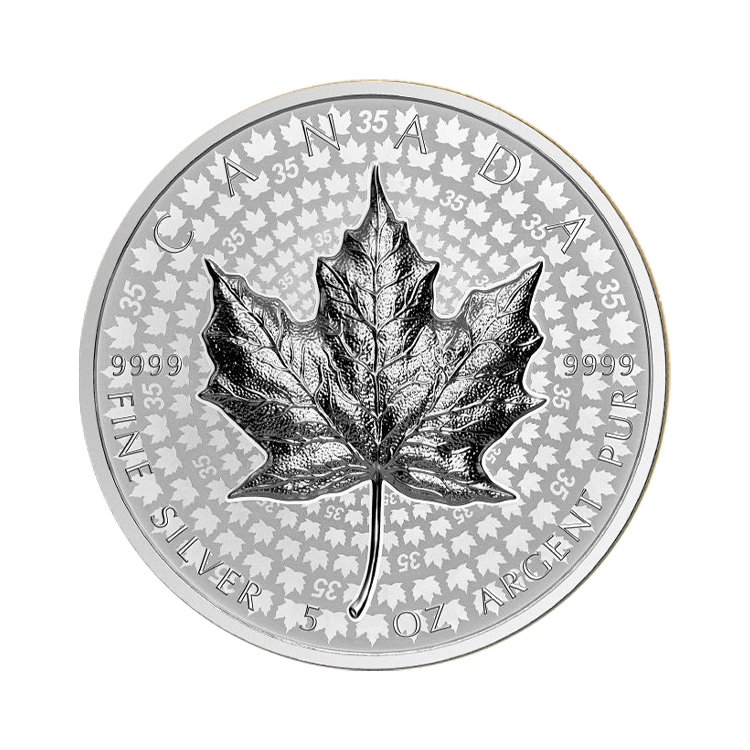 5 troy ounce zilveren Maple Leaf 2023 proof voorkant