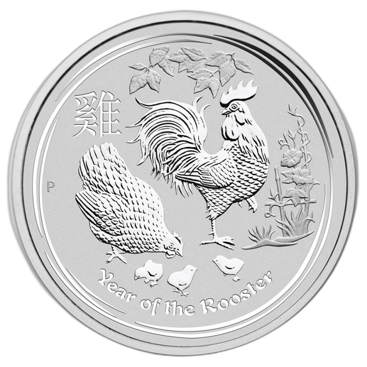 2 Troy ounce zilver Lunar munt 2017 - jaar van de haan voorkant