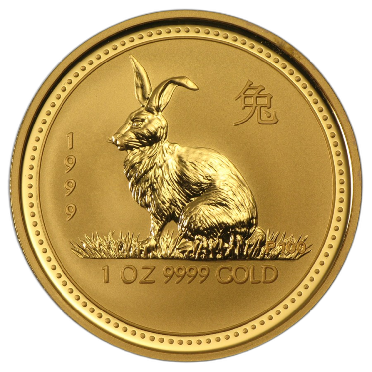 1 troy ounce gouden Lunar munt 1999 - het jaar van het konijn voorkant