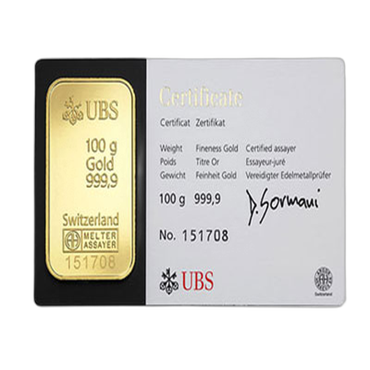 Goudbaar 100 gram UBS met certificaat front