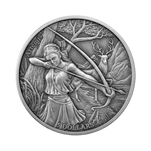 2 troy ounce silver coin the 12 olympians in the zodiac - Artemis vs Sagittarius front