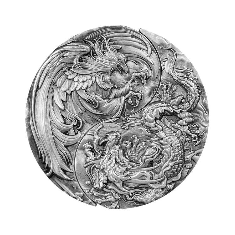 2-delige set zilveren munten Yin Yang antieke afwerking voorkant