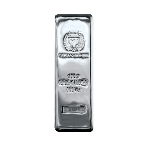 100 troy ounce zilverbaar Germania Mint voorkant