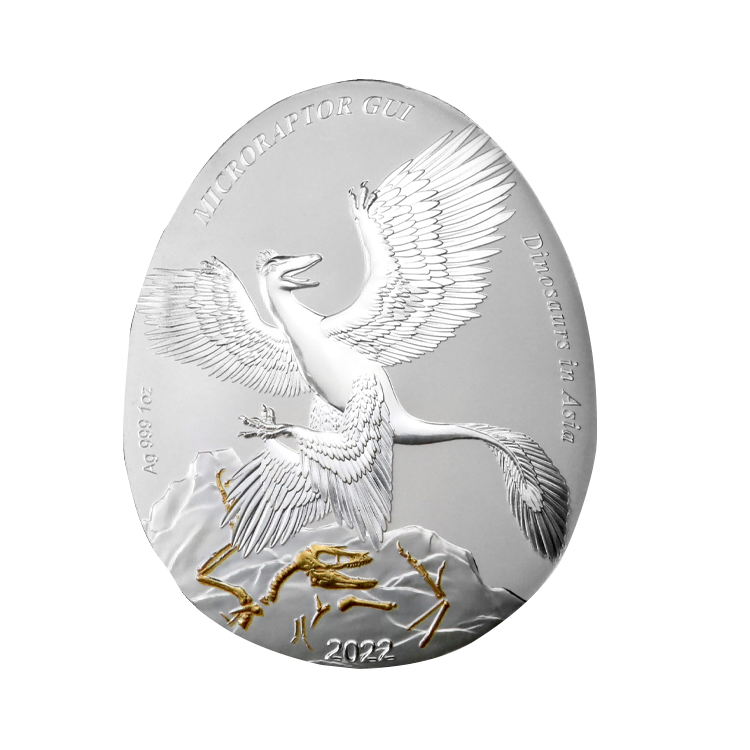 1 troy ounce zilveren munt Dinosauriërs in Azië – Microraptor Gui voorkant