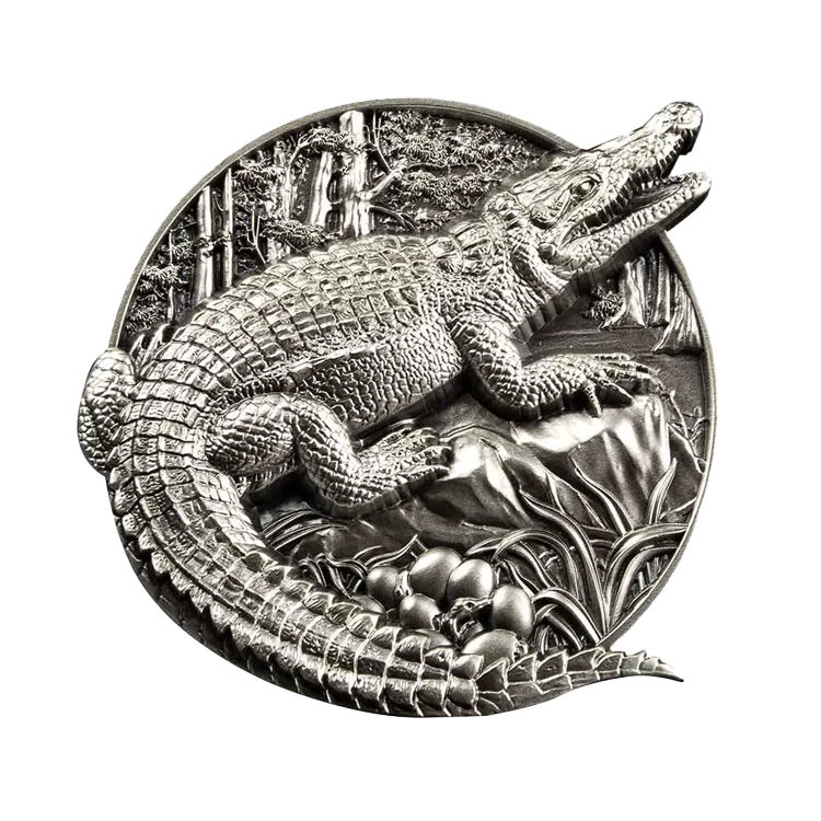 5 troy ounce zilveren munt Protecting Wildlife – Krokodil 2023 voorkant