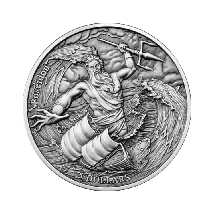2 troy ounce zilveren munt 12 olympiers in de dierenriem - Poseidon vs Pisces voorkant
