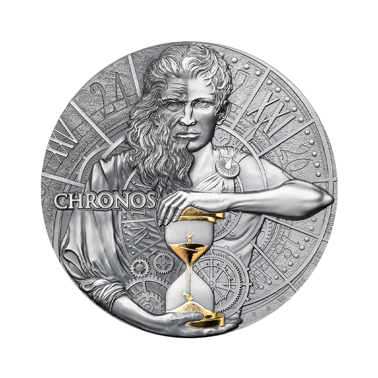 2 troy ounce zilveren munt Dual Essence serie - Chronos 2023 - antieke afwerking voorkant
