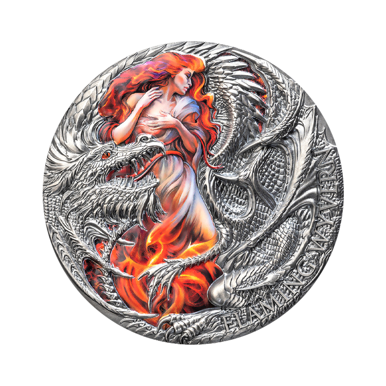 2 troy ounce zilveren munt Dragonology serie - Flaming Wyvern 2023 - antieke afwerking voorkant