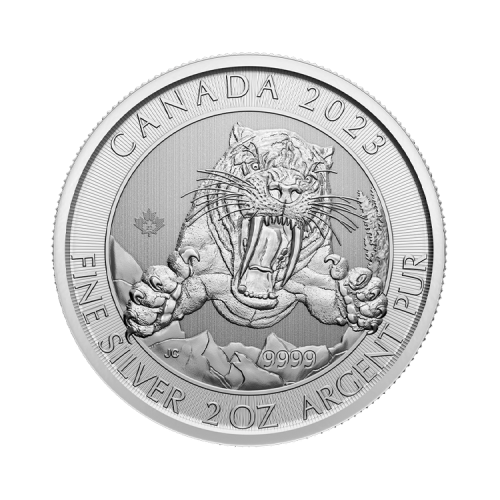 2 troy ounce zilveren munt Sabeltandtijger 2023 voorkant