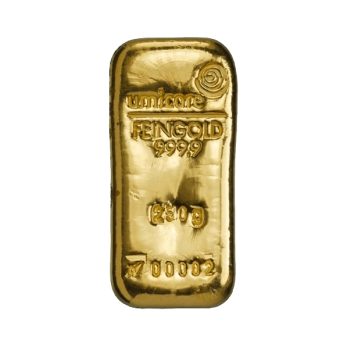 Umicore 250 gram goudbaar met certificaat voorkant