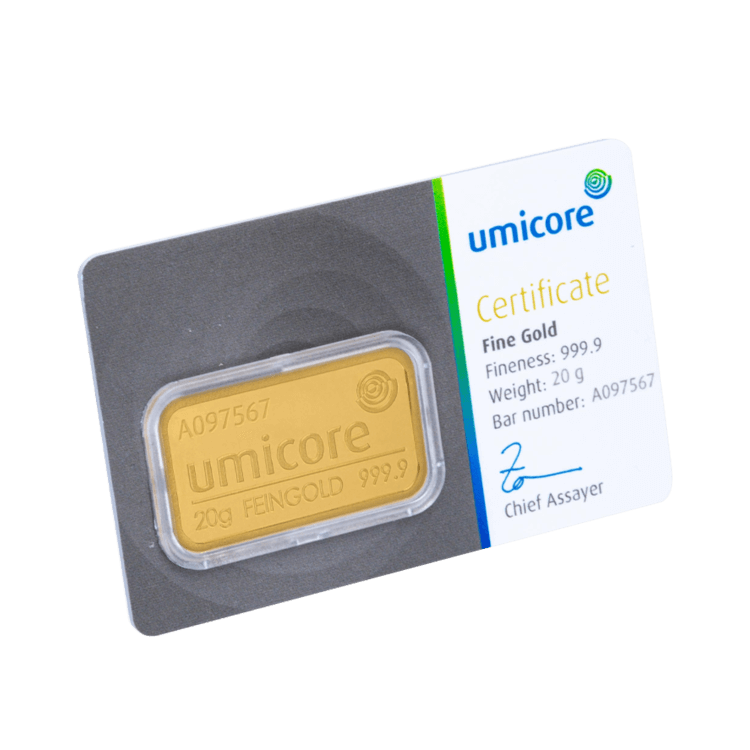 Umicore 20 gram goudbaar met certificaat voorkant