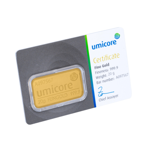 Umicore 20 grams goldbar with certificate front