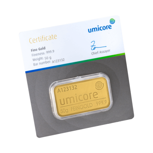 Umicore 50 grams gold bar with certificate front