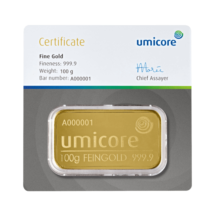 Umicore 100 grams gold bar with certificate front