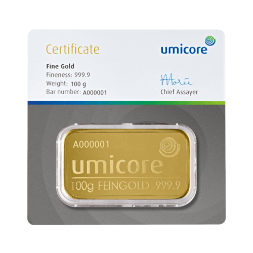 Umicore 100 gram goudbaar met certificaat voorkant