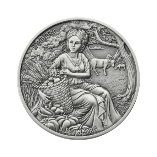 2 Troy ounce zilveren munt Demeter vs Maagd 2021 voorkant