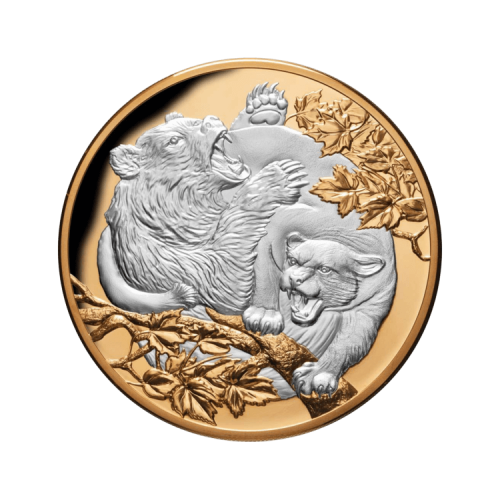 5 troy ounce silver coin Cougar vs Bear 2022 Proof front