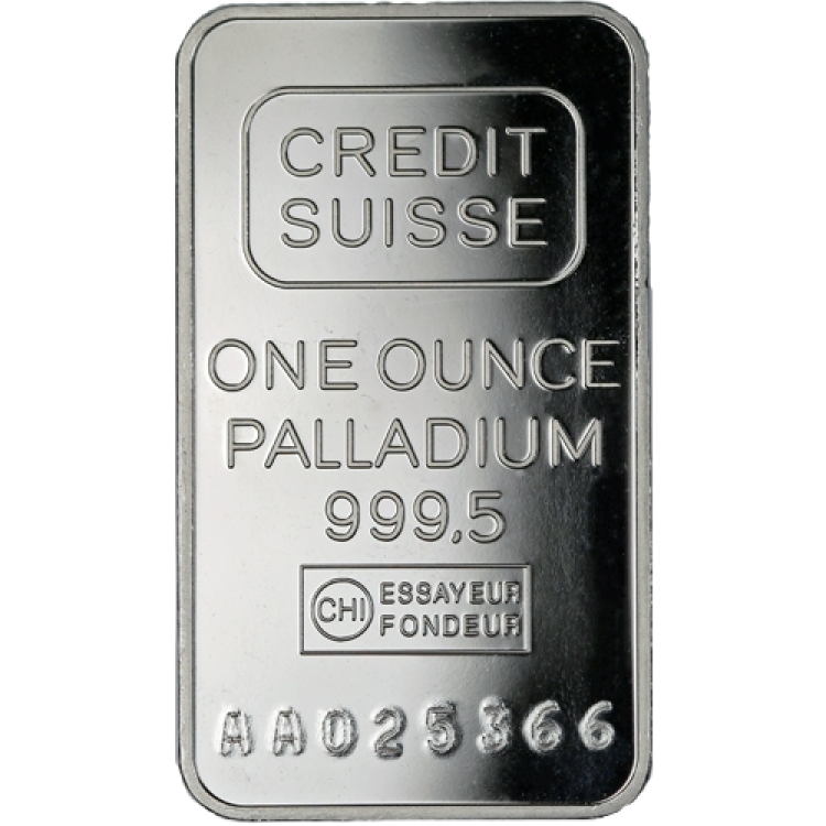 1 Troy ounce palladium baar Credit Suisse BTW vrij  - opslag in Zurich voorkant