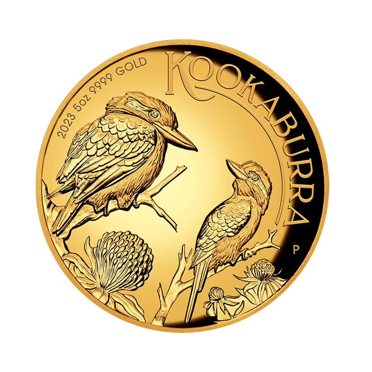 5 troy ounce gouden munt Kookaburra proof 2023 voorkant