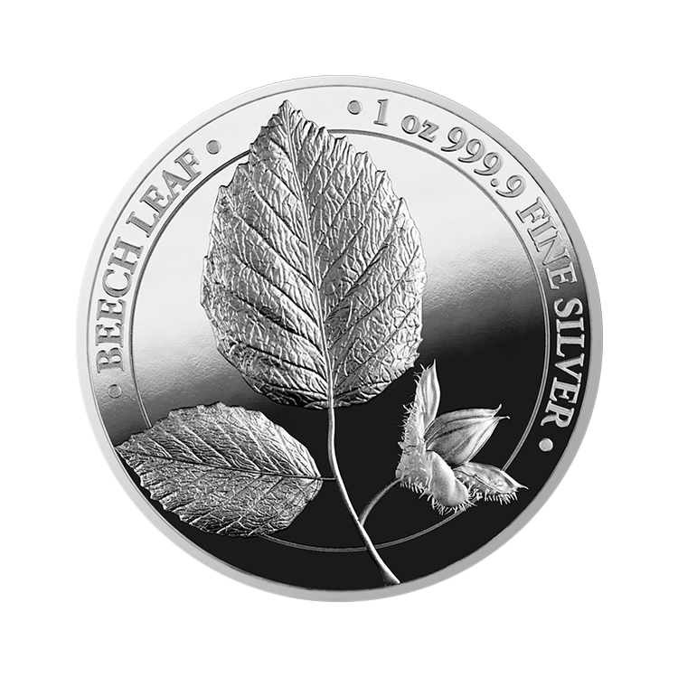 1 troy ounce zilveren munt Mythical Forest Beech Leaf 2023 proof voorkant