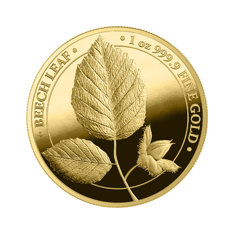 1 troy ounce gold coin Mythical Forest Beech Leaf 2023 proof front