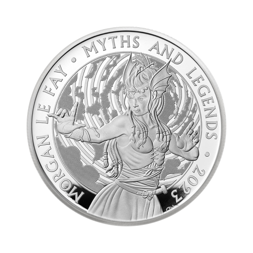 2 troy ounce zilveren Morgan Le Fay proof munt 2023 voorkant