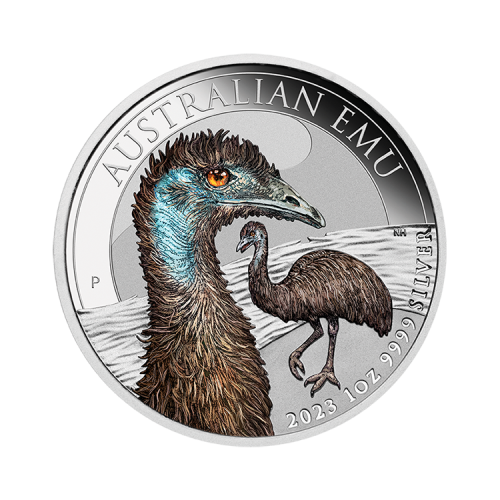 1 troy ounce zilveren Australian Emu munt gekleurd 2023 voorkant