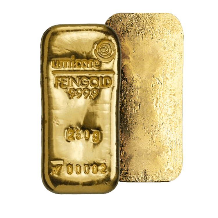 Umicore 250 gram goudbaar met certificaat perspectief 1