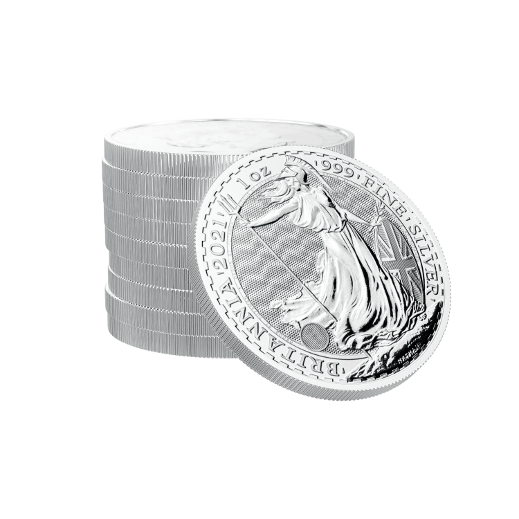 1 troy ounce zilveren Britannia munt diverse jaargangen perspectief 3