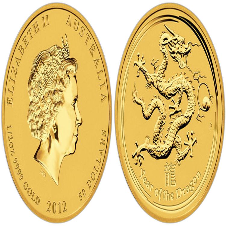 1/2 troy ounce goud Lunar munt 2012 - jaar van de draak achterkant