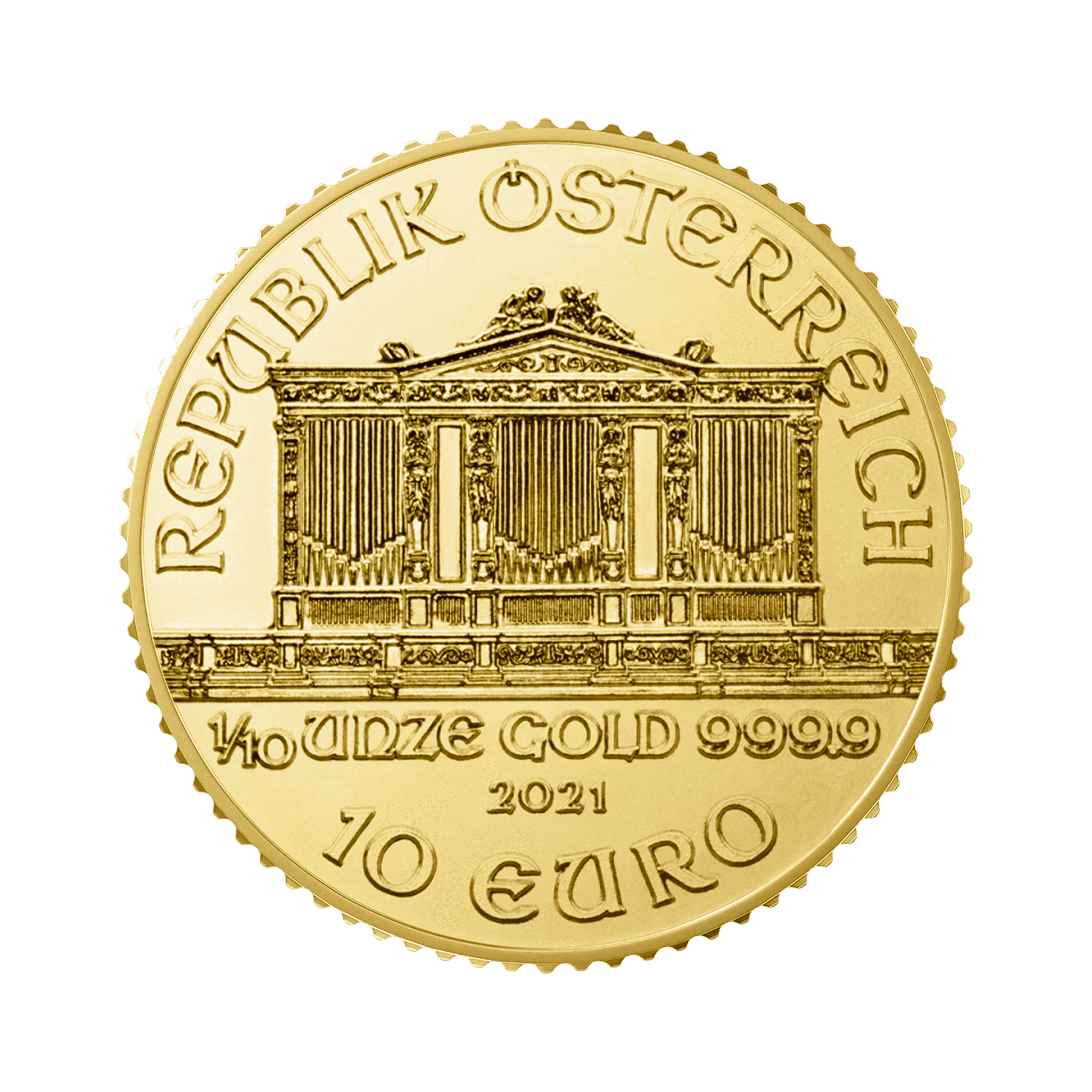 Gold 1/10 troy ounce Vienna Philharmonic coins 2024 back
