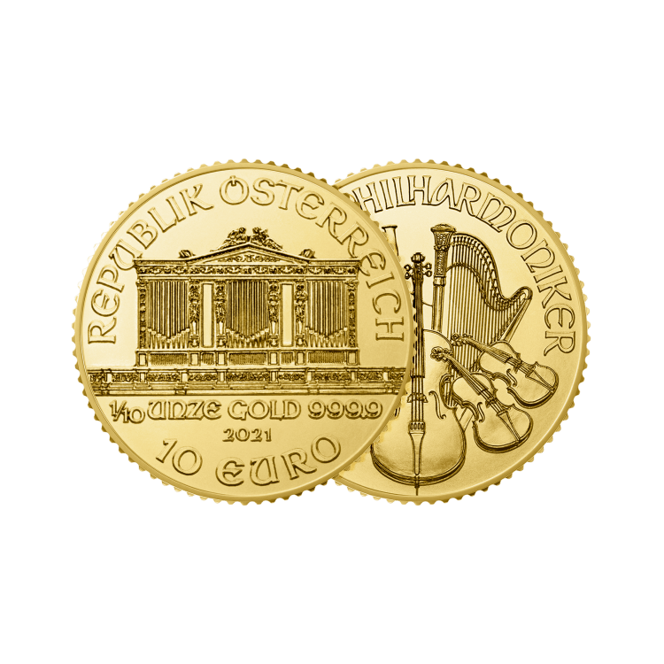 Gold 1/10 troy ounce Vienna Philharmonic coins 2024 angle 1