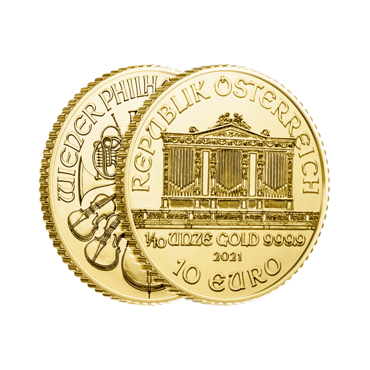 Gold 1/10 troy ounce Vienna Philharmonic coins 2024 angle 2