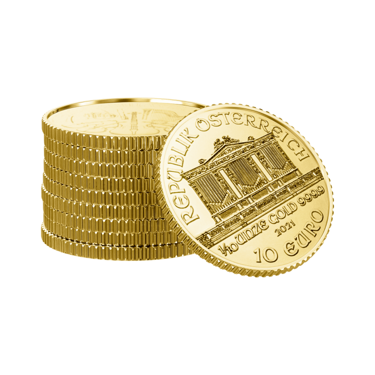 Gold 1/10 troy ounce Vienna Philharmonic coins 2024 angle 3