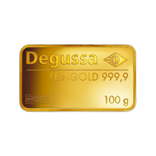 100 Grams gold bar Degussa front