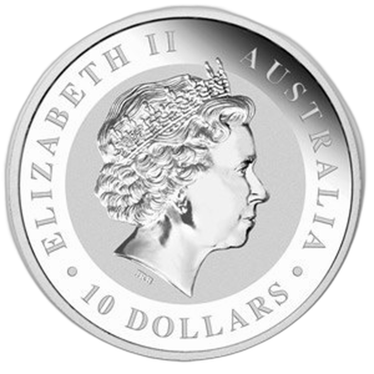 10 troy ounce zilver Kookaburra munt 2010 achterkant