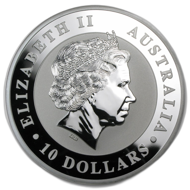10 troy ounce zilver Kookaburra munt 2014 achterkant
