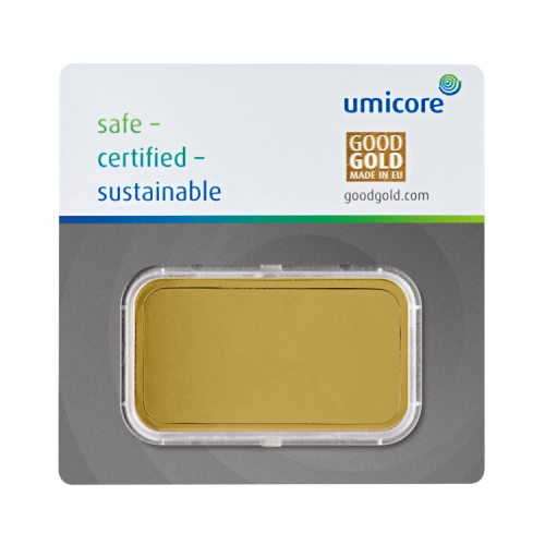 Umicore 100 grams gold bar with certificate front