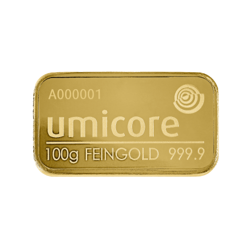 Umicore 100 grams gold bar with certificate front