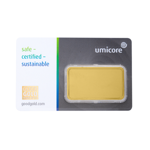 Umicore 1 troy ounce goudbaar met certificaat voorkant