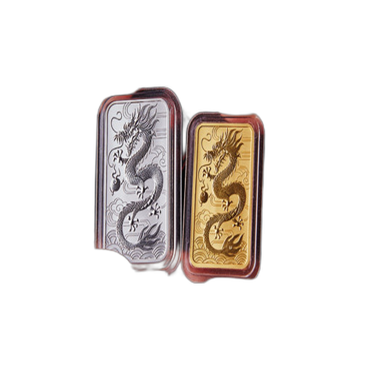 1 Troy ounce gouden munt baar Rectangular Dragon 2018 perspectief 1