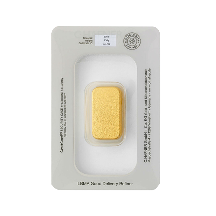 Gold bar 250 grams C. Hafner back