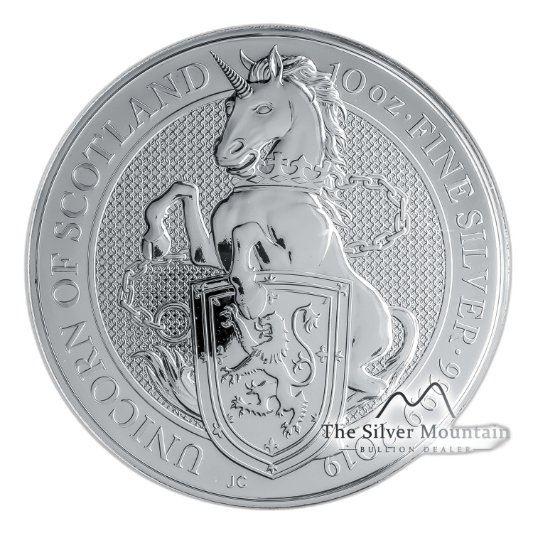 10 Troy ounce zilveren munt Queens Beasts Unicorn 2019 perspectief 3