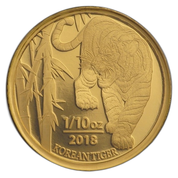 1/10 Troy ounce gouden munt Korean Tiger 2018 in blister perspectief 1