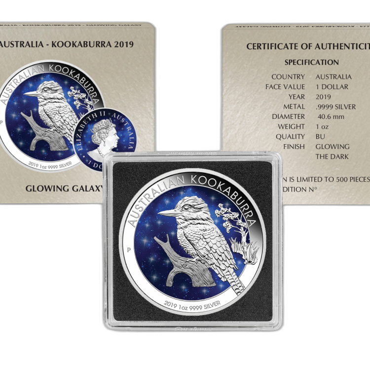 1 Troy ounce zilveren munt Glowing Galaxy Kookaburra 2019 perspectief 1