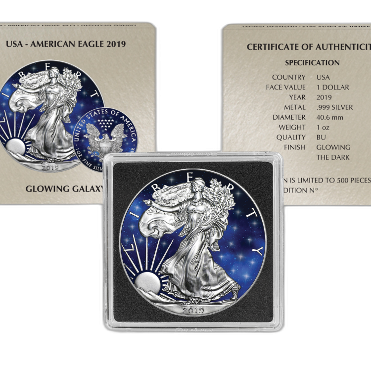 1 Troy ounce zilveren munt Glowing Galaxy American Eagle 2019 perspectief 1