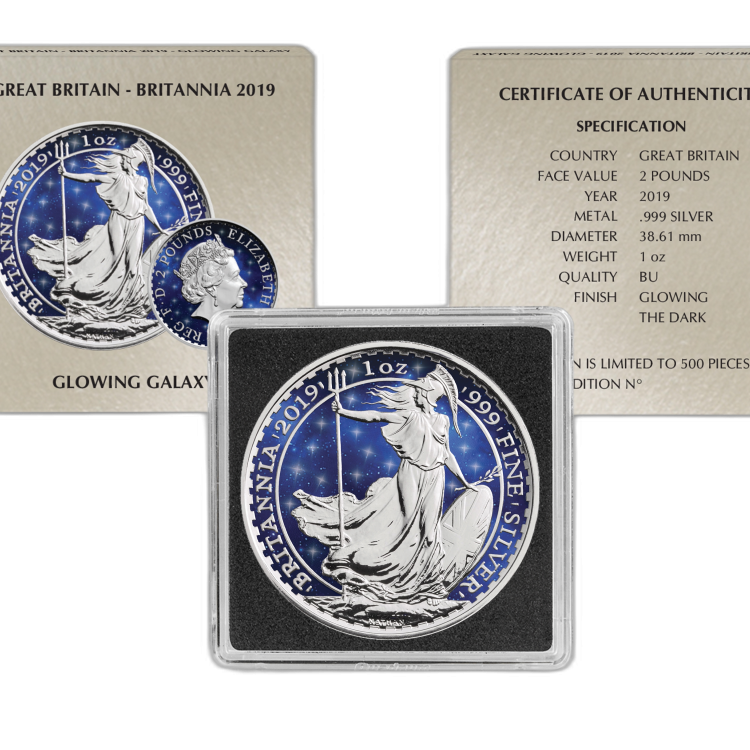 1 Troy ounce zilveren munt Glowing Galaxy Britannia 2019 perspectief 1